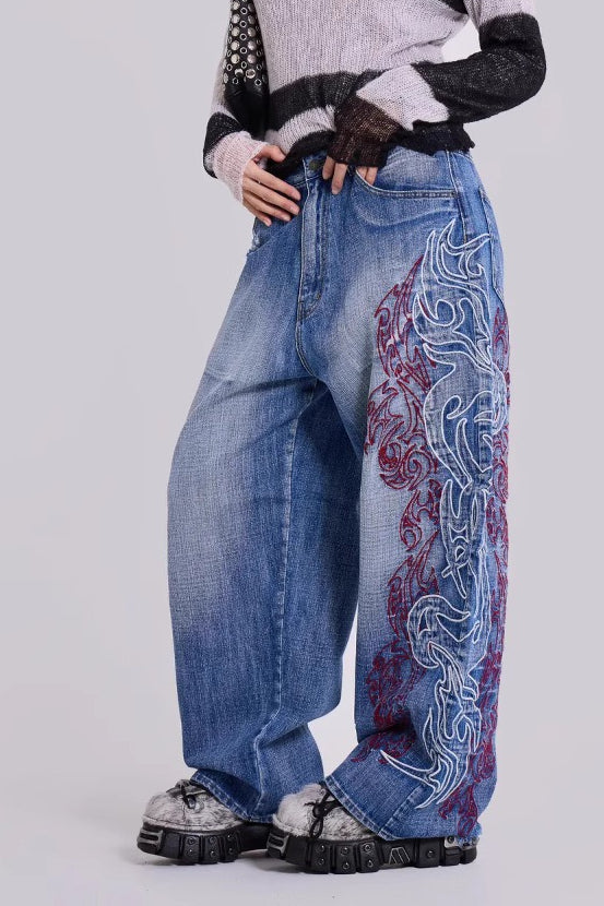 Y2K Embroidered Wide Jeans