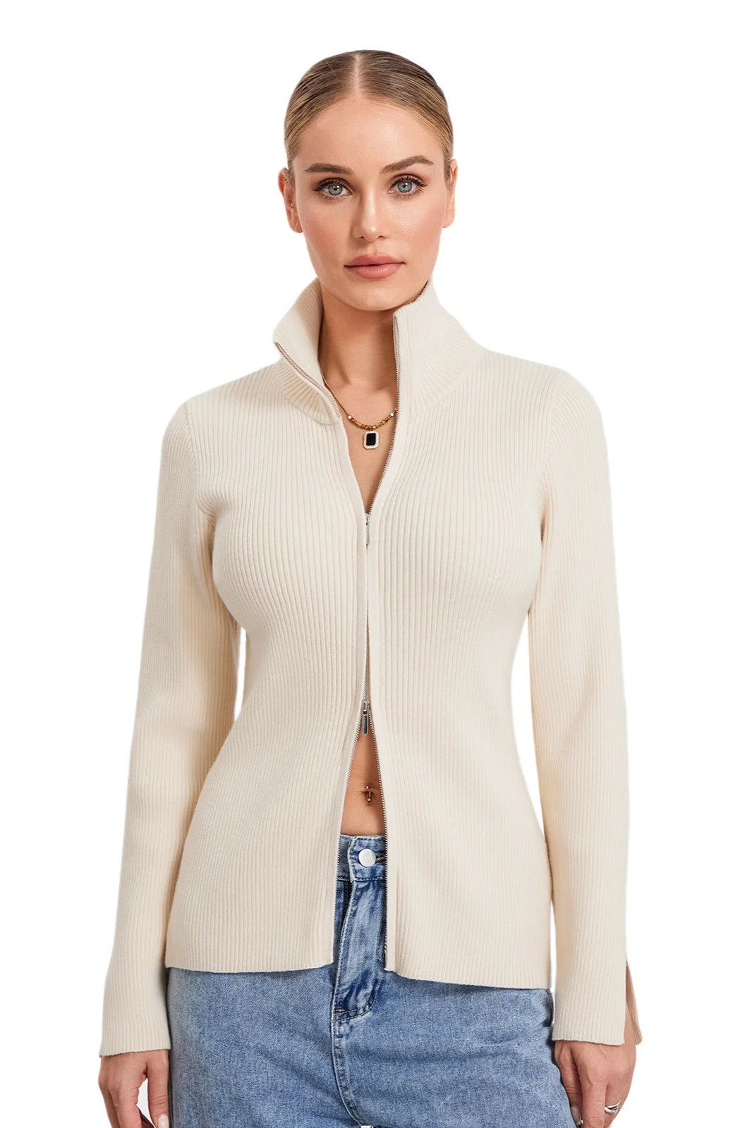 Ribbed Knit ZipUp Stand Collar Cardigan