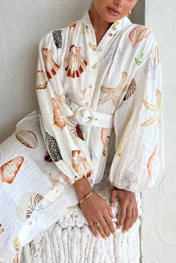 Swinton Marine Element Print Pocket Balloon Sleeve Belted Maxi Dress
