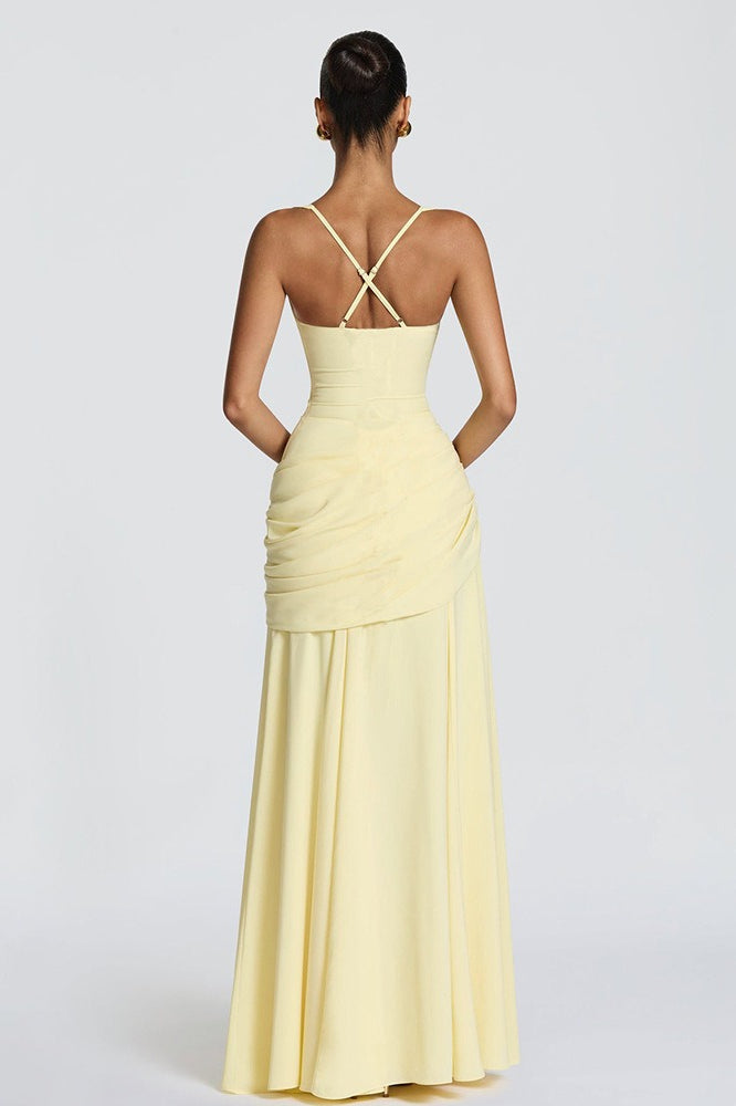 Solid Plunge Ruched Waist Backless Slip Dress