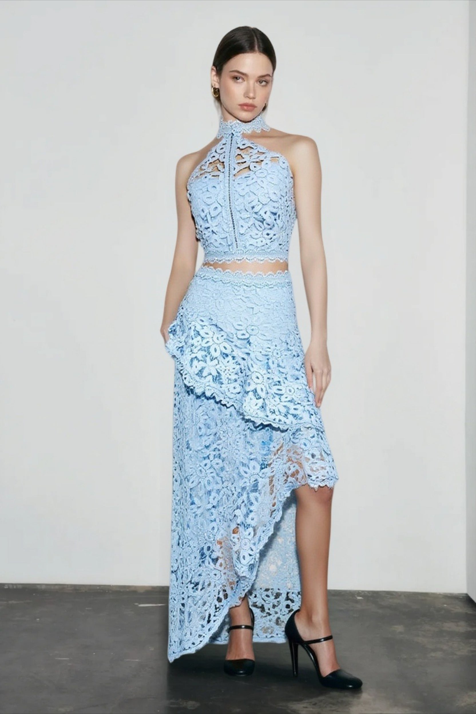 Halter strapless lace asymmetric hem vacation set