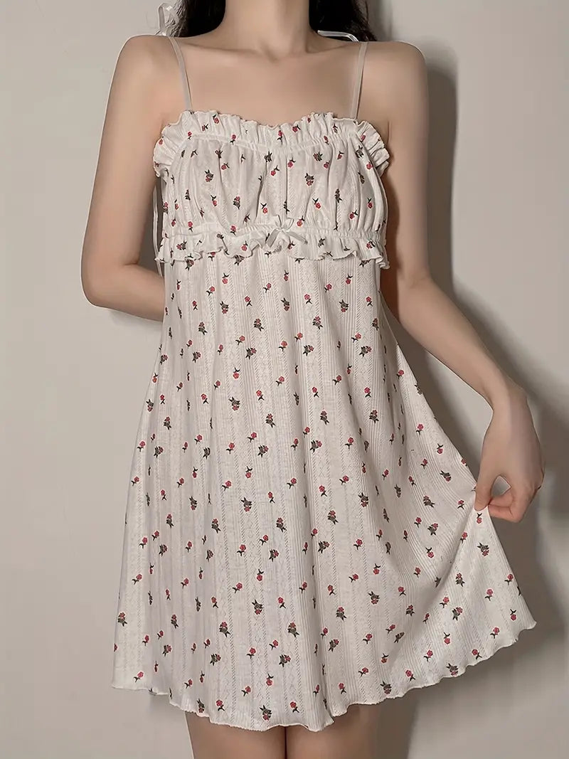 Spaghetti Warm-Season Gown Flowered Mini with Strap Print