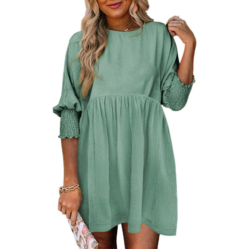 Round Neck Textured Smocked Cuff Sleeve Babydoll Mini Dress