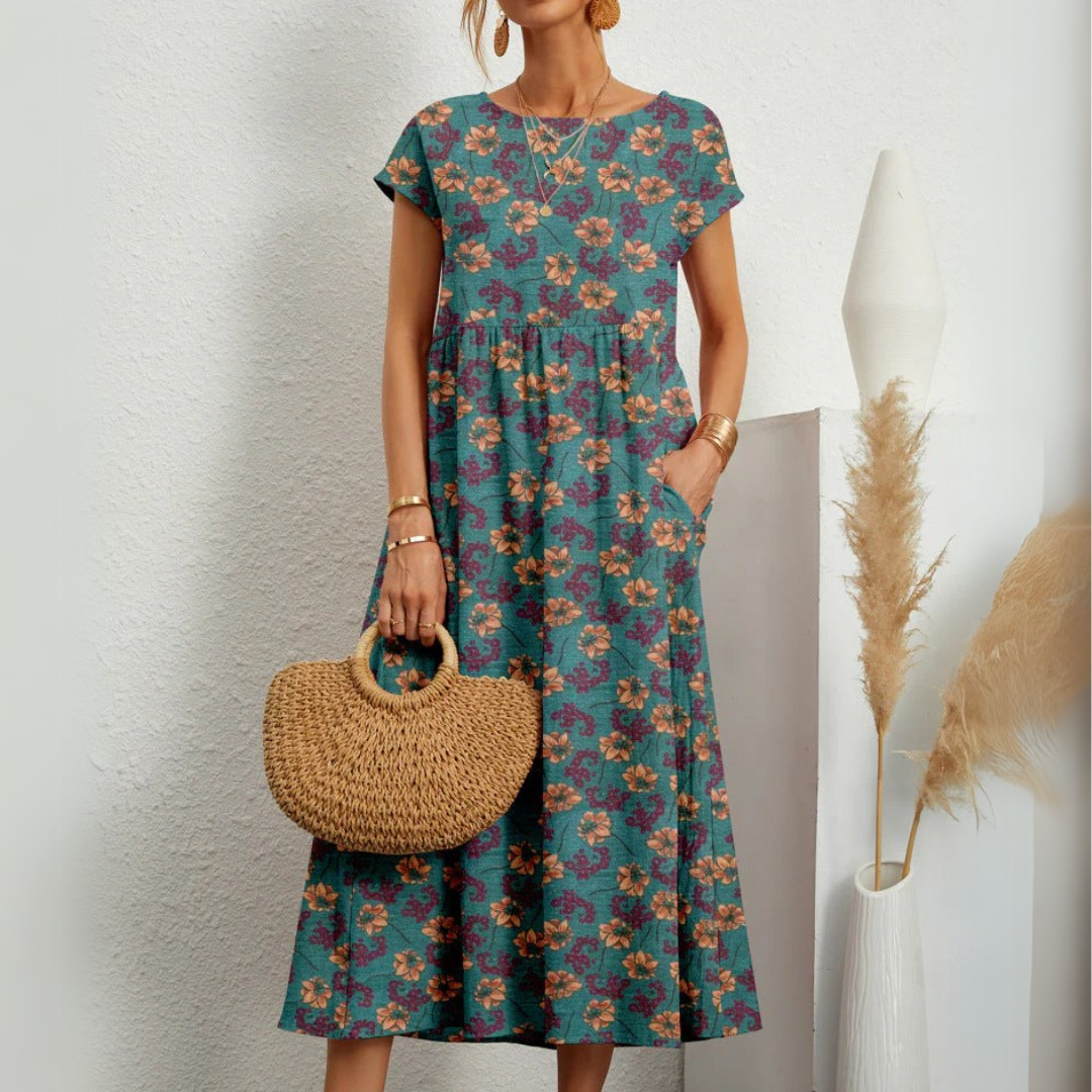 Round Neck Short Sleeve Printed Pocket A-Line Midi Dress 4