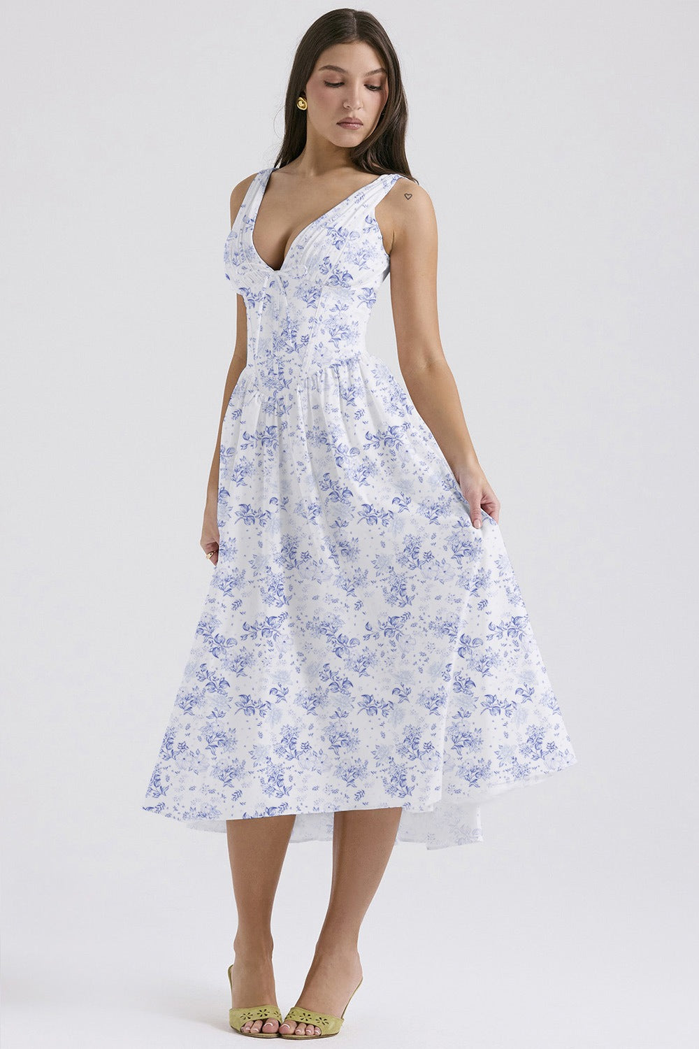 Spaghetti Strap V Neck Fitted Long Floral Dress