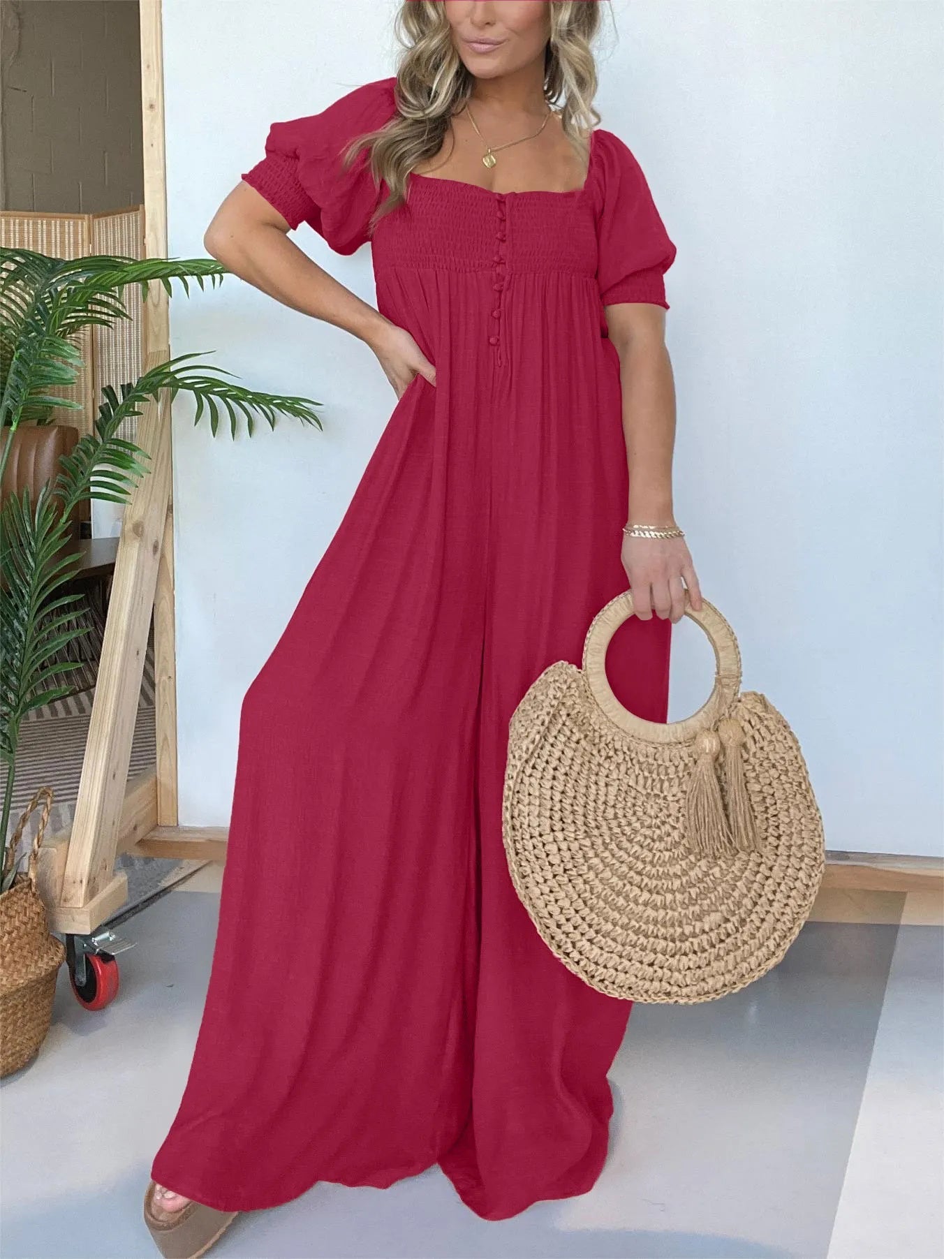 Square Neckline Jumpsuit With Smocked Bodice Button