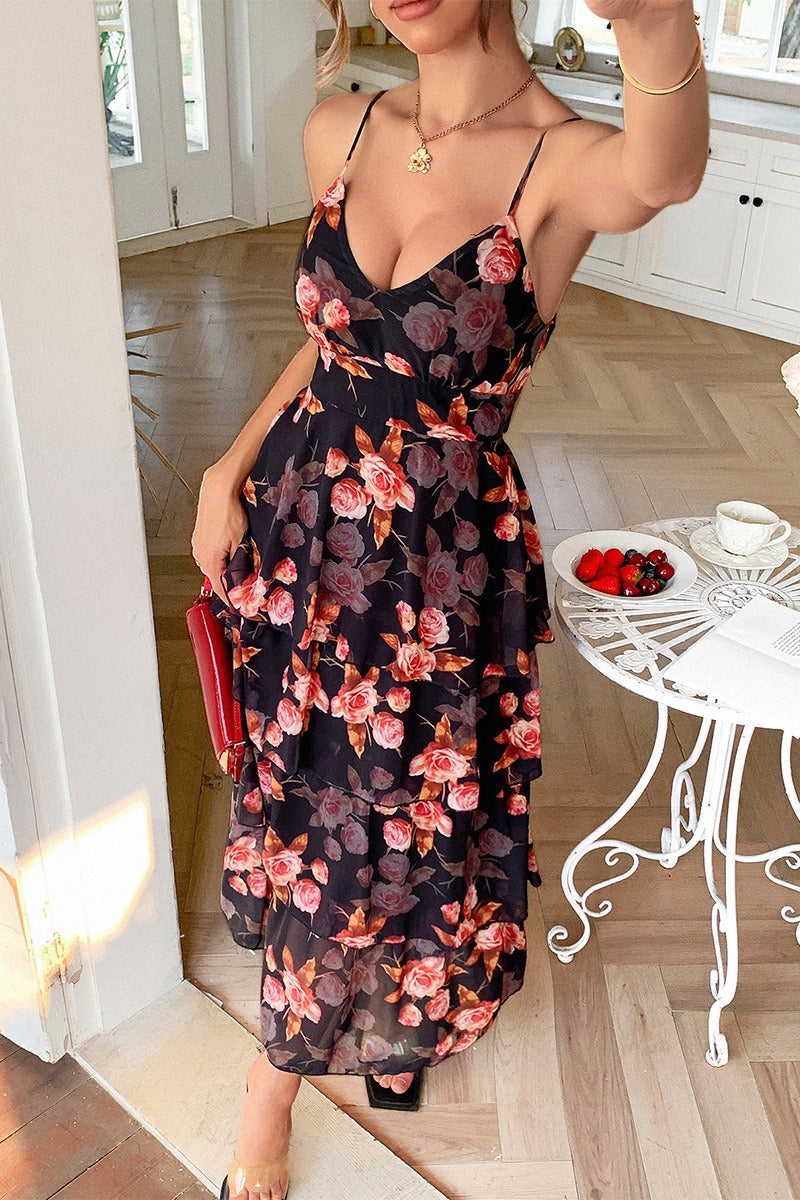 Spaghetti Strap Deep V Floral Print Tiered Ruffle Maxi Dress 4