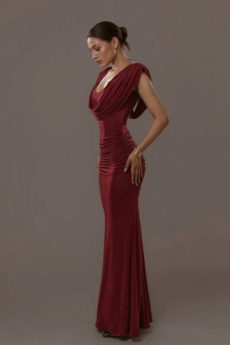 Solid Cowl Neck Ruched Waist Cinch Party Dress