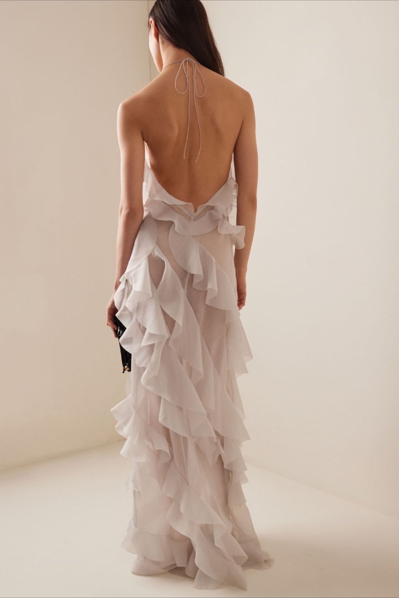 Plunge Mesh Asymmetric Ruffle Trim Long Slip Dress