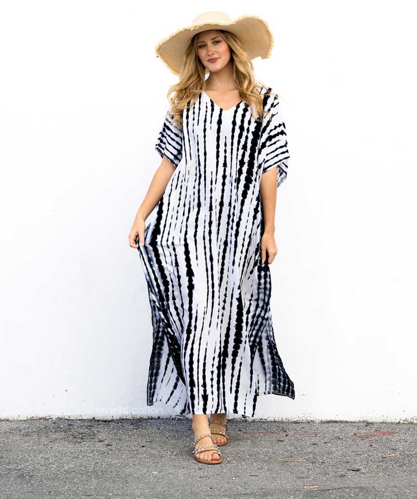V-Neck Tie-Dye Stripe Short Sleeve Loose Kaftan Maxi Dress
