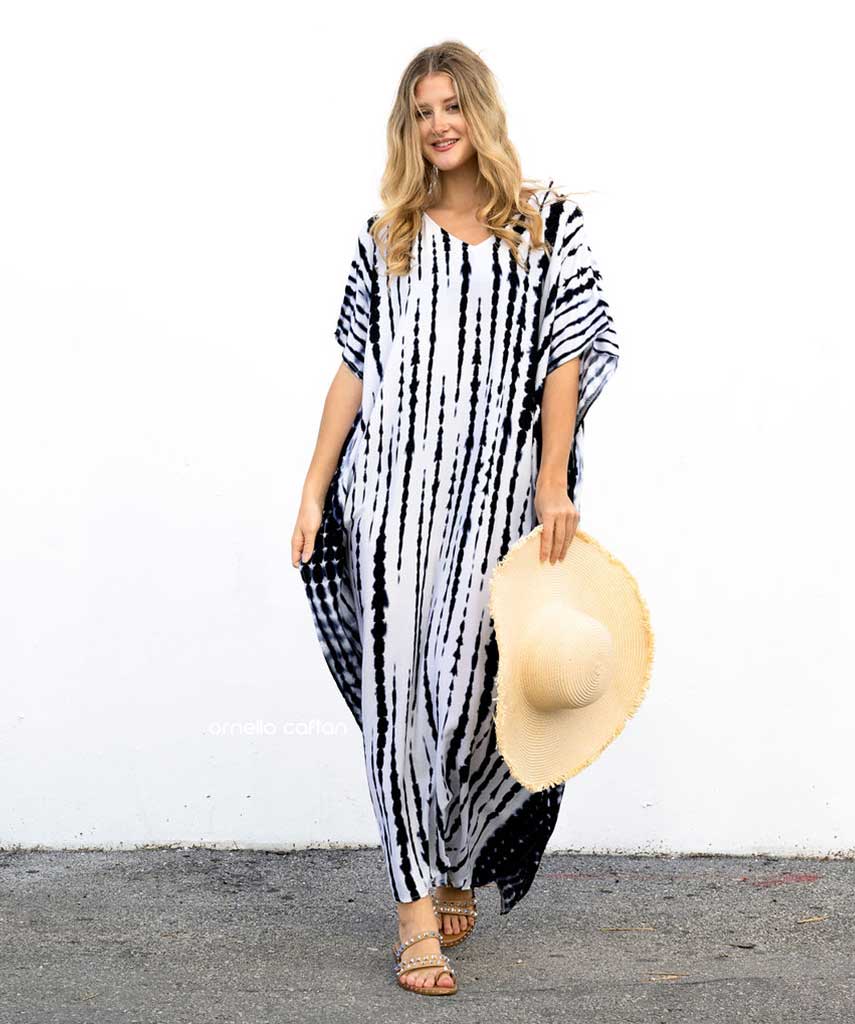 V-Neck Tie-Dye Stripe Short Sleeve Loose Kaftan Maxi Dress