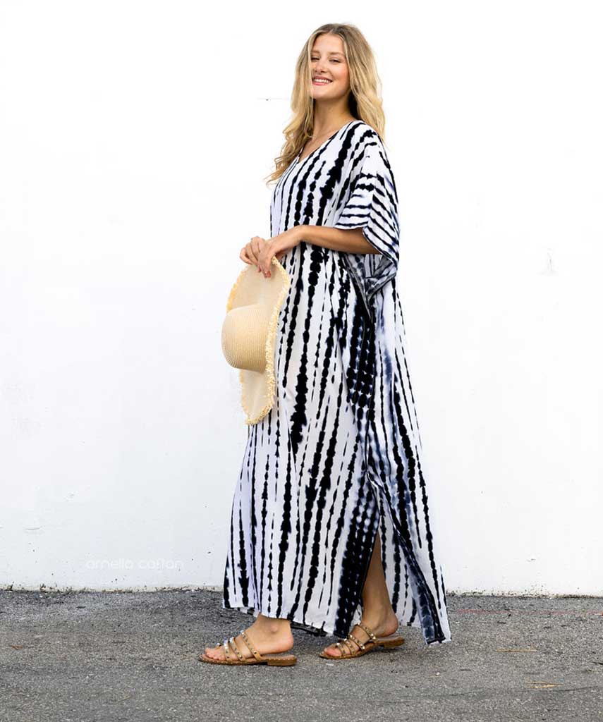 V-Neck Tie-Dye Stripe Short Sleeve Loose Kaftan Maxi Dress