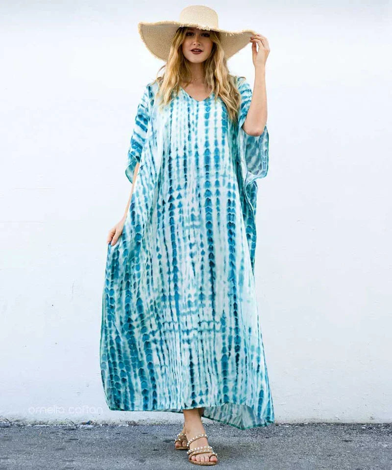 V-Neck Tie-Dye Stripe Short Sleeve Loose Kaftan Maxi Dress