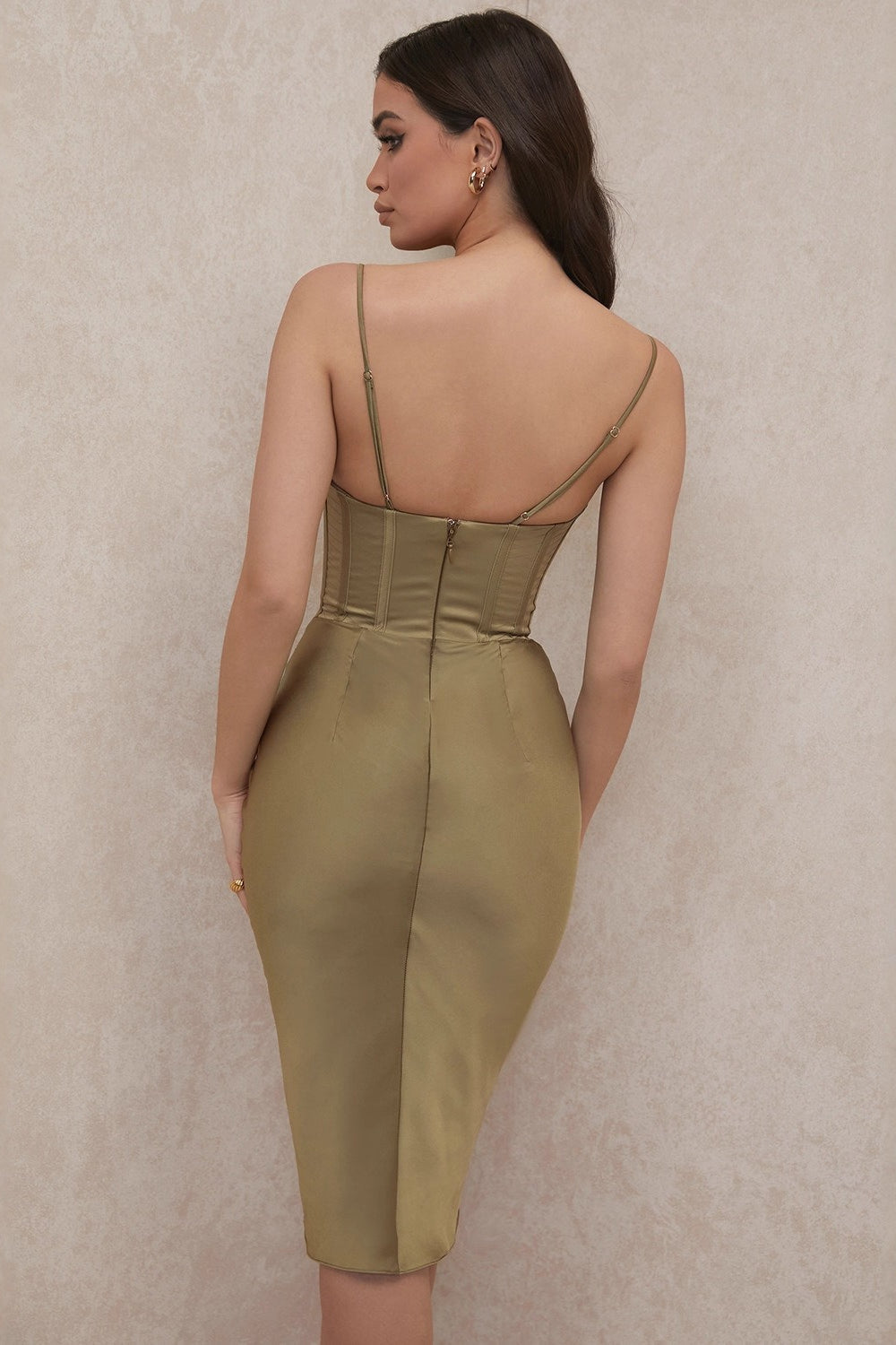 Pleated Satin Bustier Midi Slip Dress