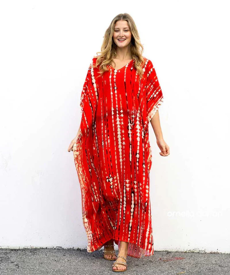 V-Neck Tie-Dye Stripe Short Sleeve Loose Kaftan Maxi Dress