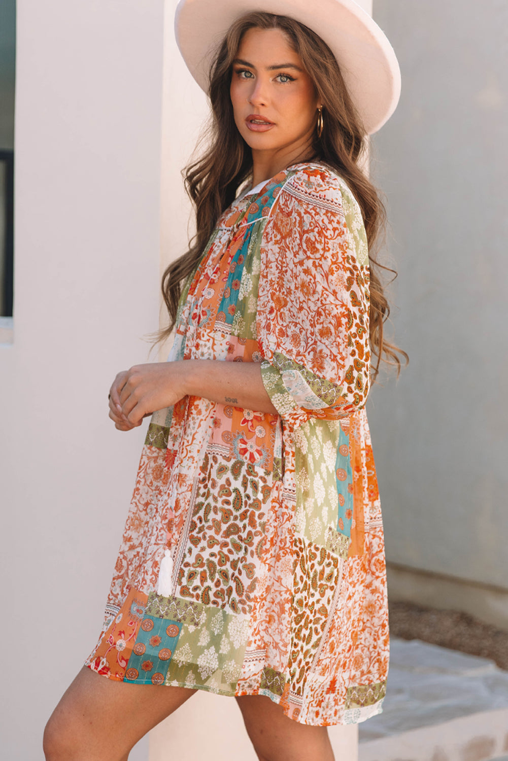Orange Boho Paisley Mixed Print 3 4 Sleeve Chiffon Loose Dress