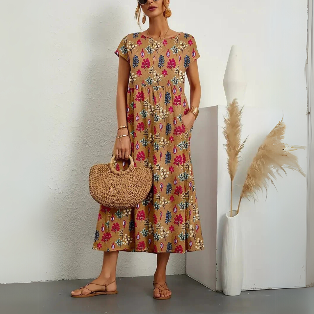Round Neck Short Sleeve Printed Pocket A-Line Midi Dress 3