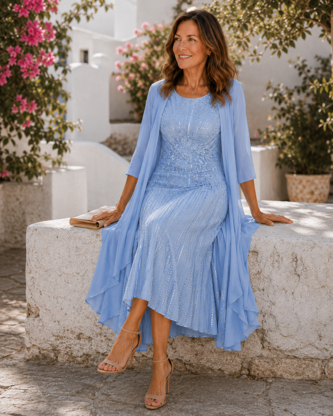 Scoop Neck Sequin Embellished Chiffon Duster Jacket Midi Dress Set 2