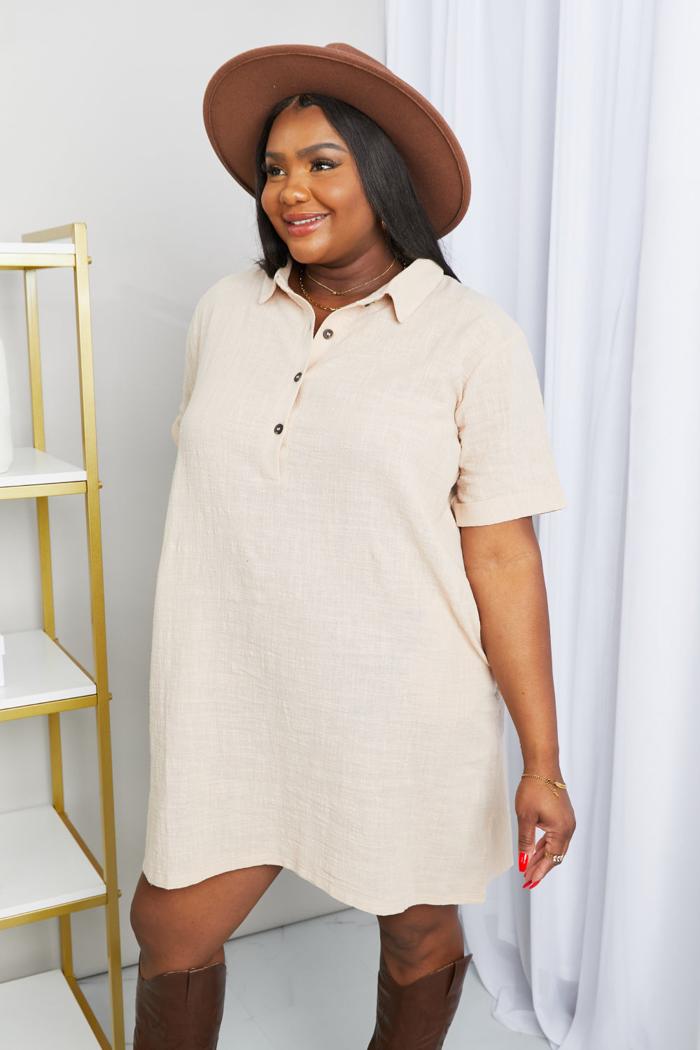 Dusty Blush Collared Half Button Short Sleeve Gauze Shift Midi Dress