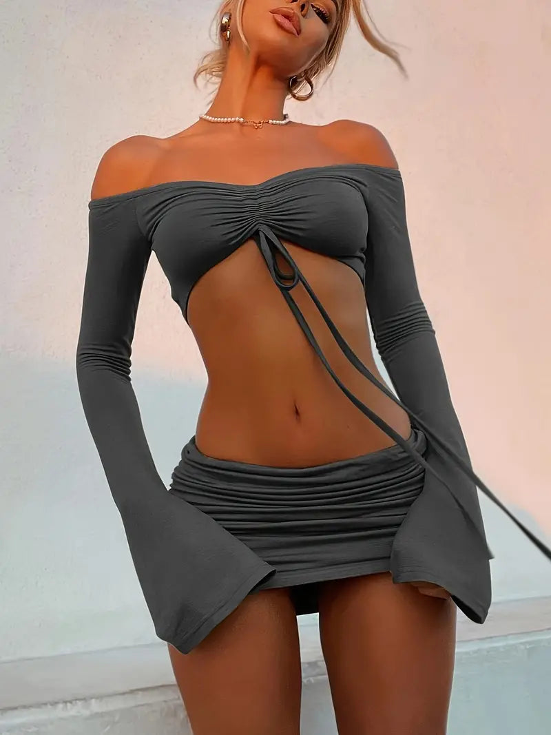 Crop Top And Bodycon Skirt Set With Drawstring Ruched Detail S / Pink Outfits
