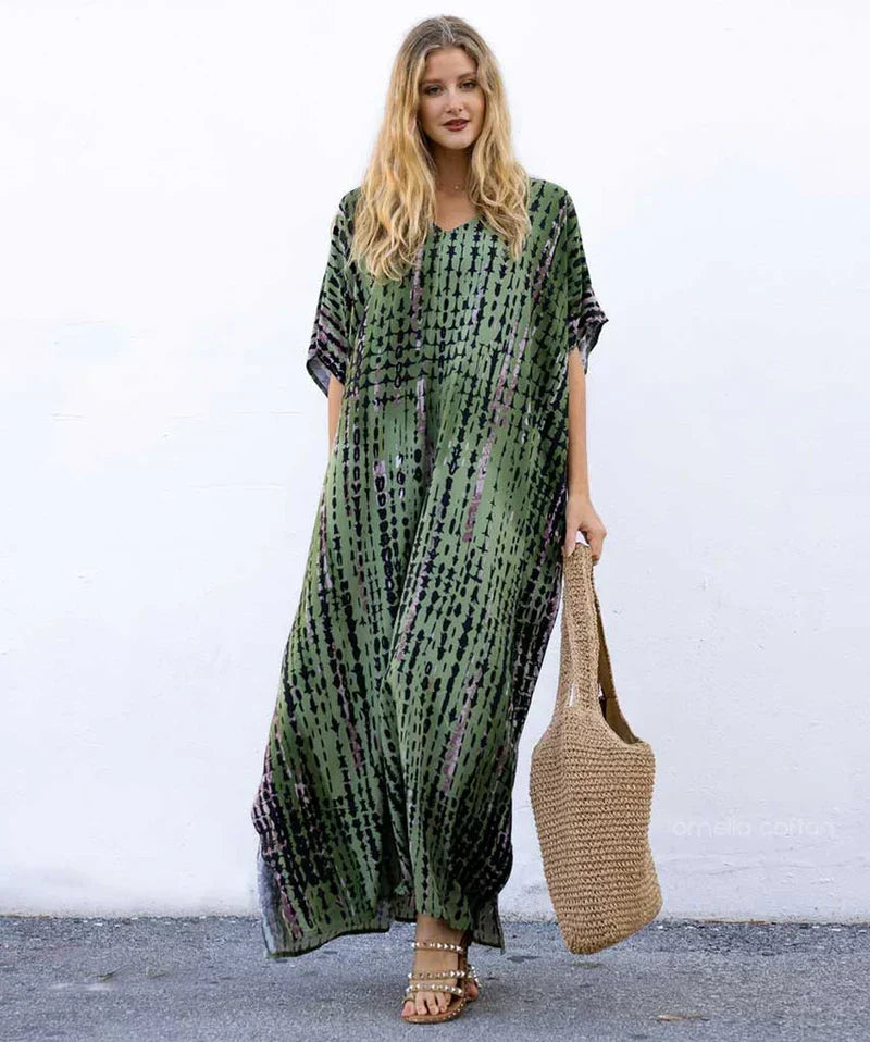 V-Neck Tie-Dye Stripe Short Sleeve Loose Kaftan Maxi Dress