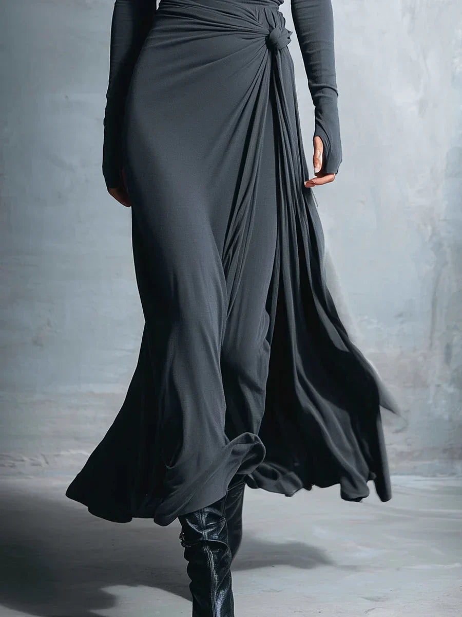 Boat Neck Long Sleeve Side Knot Ruched Draped Bodycon Maxi Dress