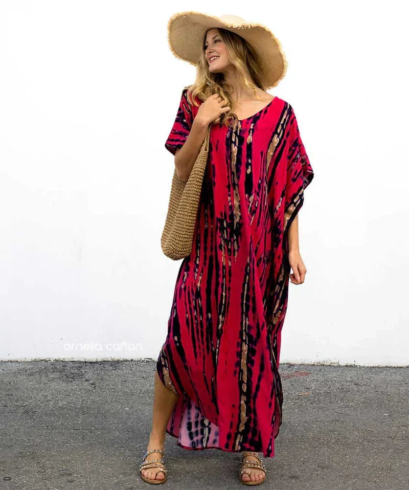 V-Neck Tie-Dye Stripe Short Sleeve Loose Kaftan Maxi Dress