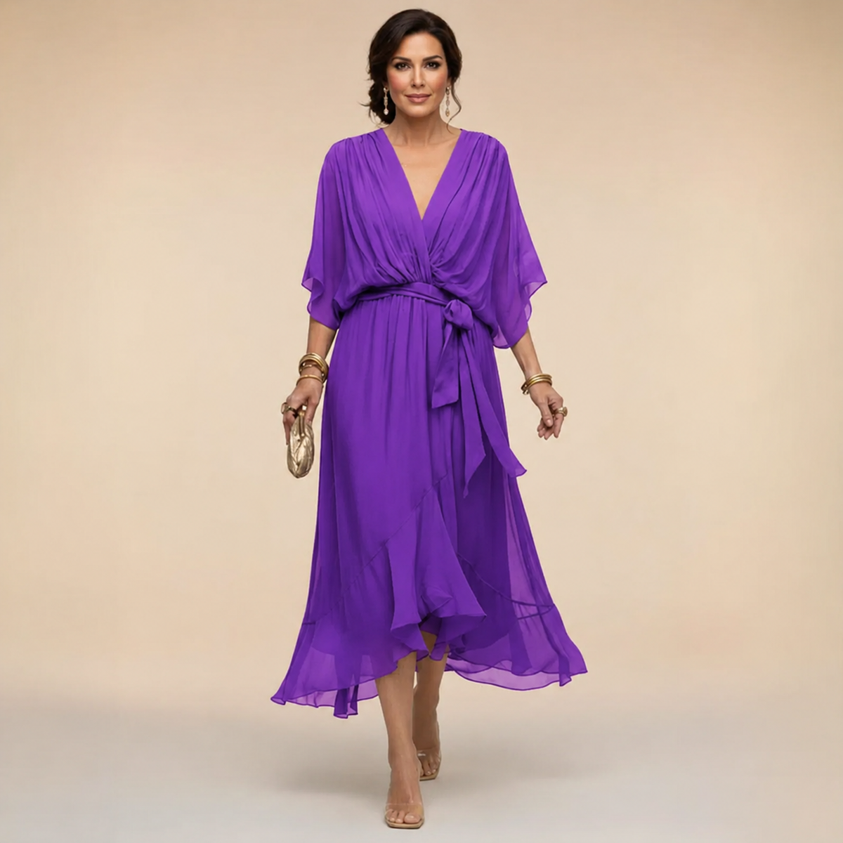 V-Neck Wrap Chiffon Dolman Sleeve Belted Ruffle Hem Midi Dress 11