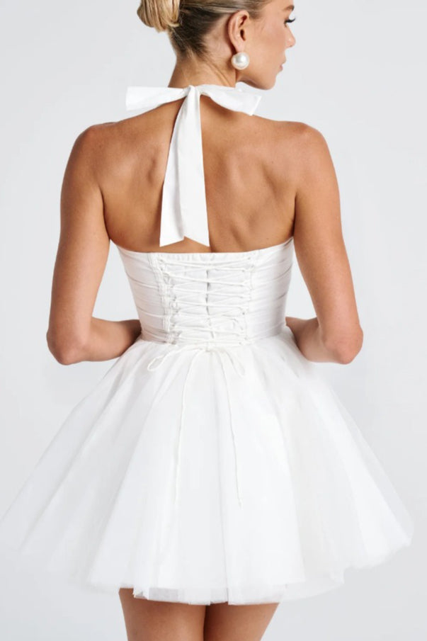 Boned Halter Lace Tie Waist Tulle Overlay Mini Dress 9
