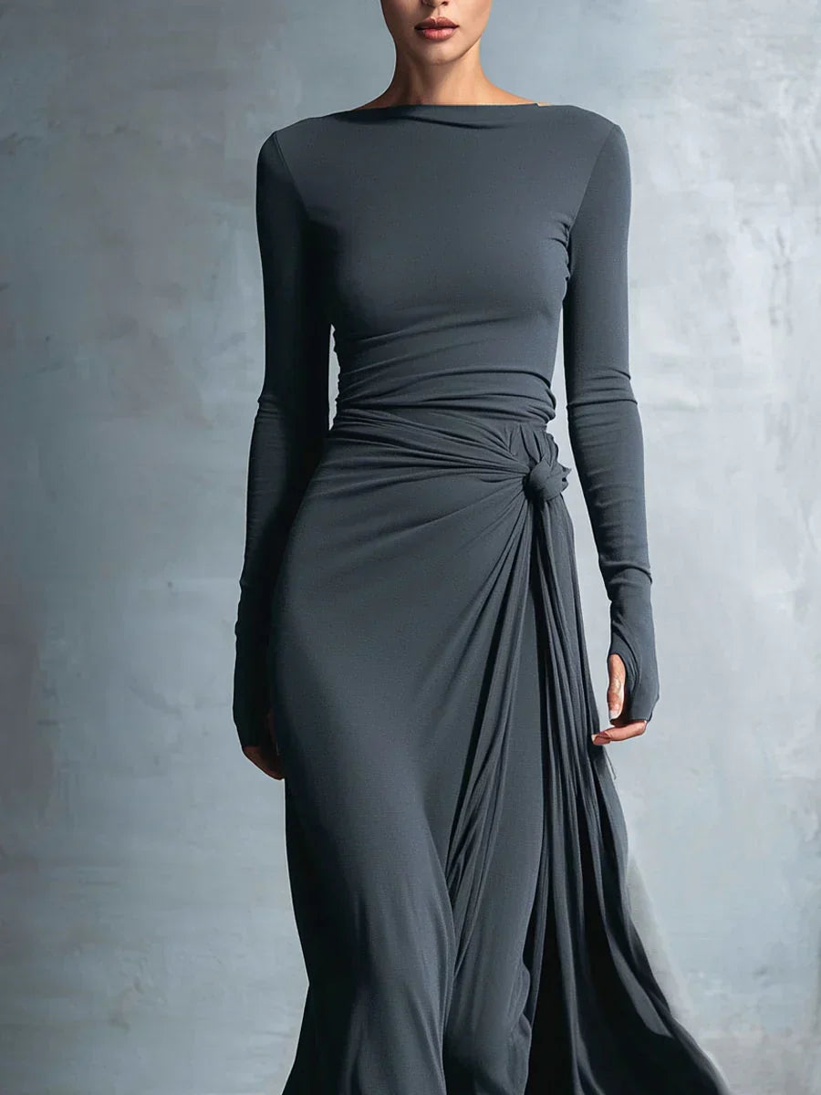 Boat Neck Long Sleeve Side Knot Ruched Draped Bodycon Maxi Dress