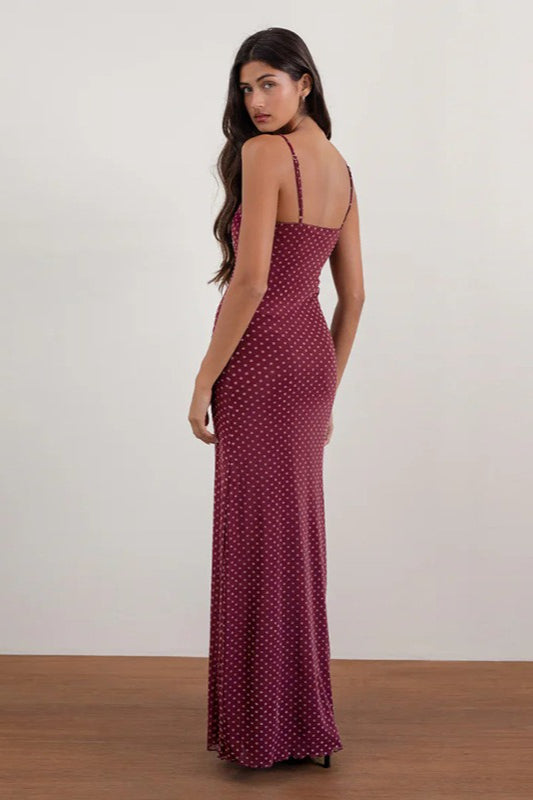 Burgundy Backless Polka Dot Cami Maxi Dress 3