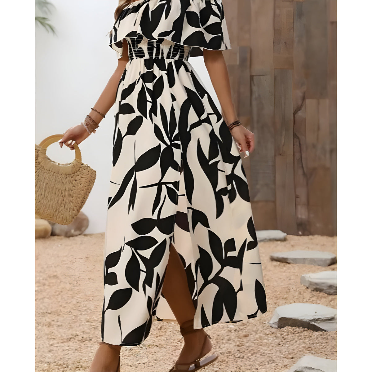 Off-Shoulder Ruffle Leaf Print Smocked High Slit Maxi Dress 3