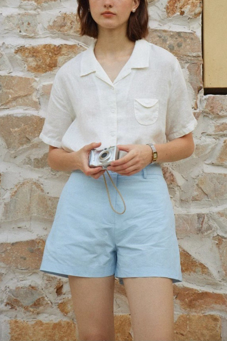 Linen Camp Collar Short Sleeve Blouse
