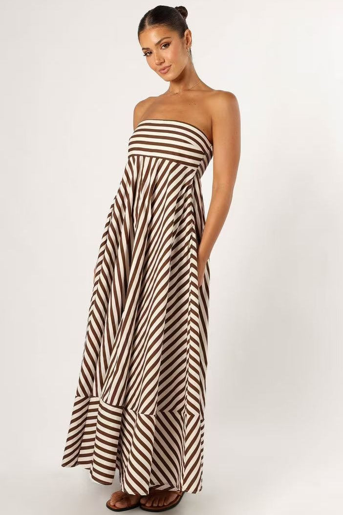 Brown Strapless Horizontal Diagonal Stripe Mitered A Line Maxi Dress 3