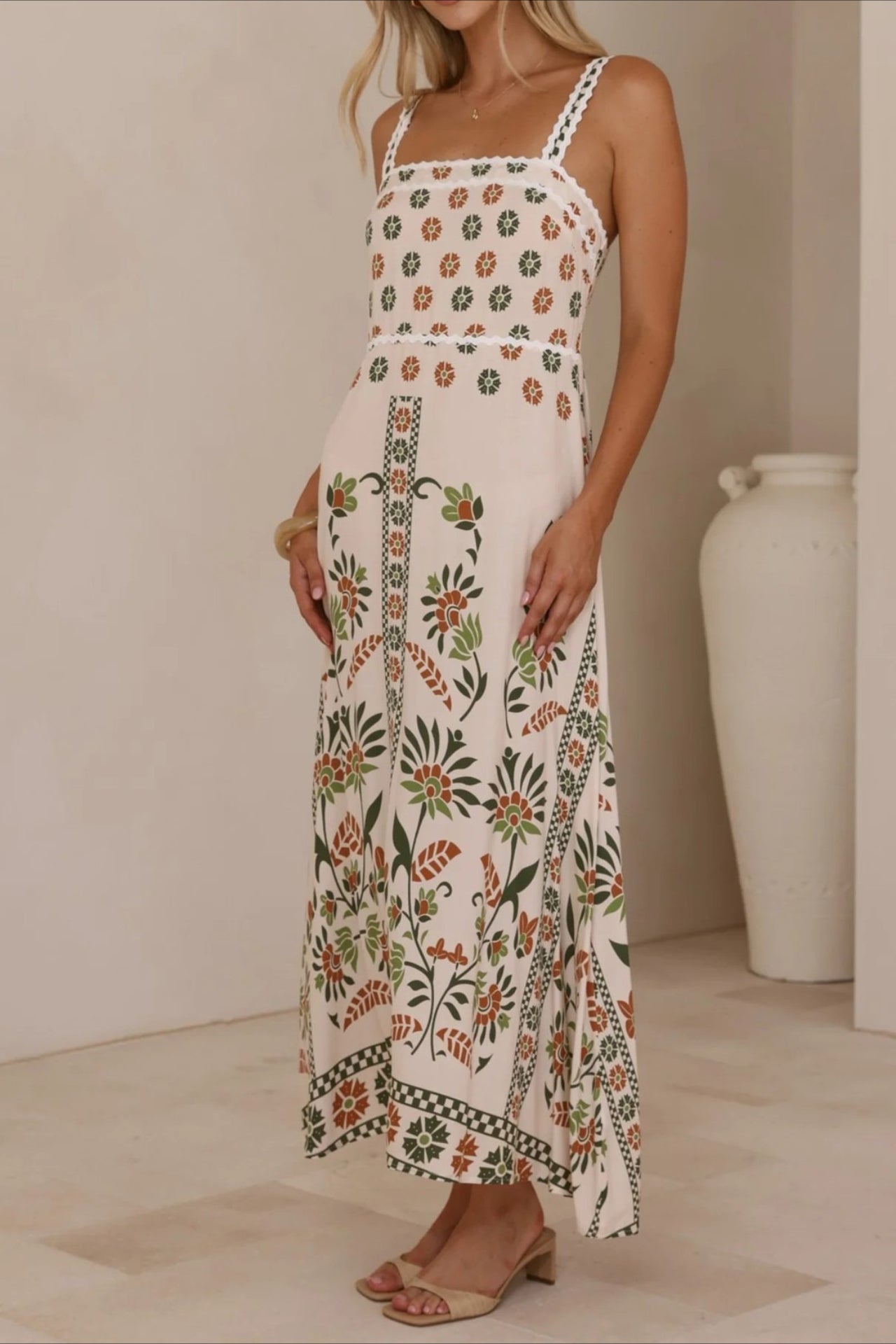 Square Neck Lace Trim Empire Waist Geometric Floral Border Maxi Dress 8