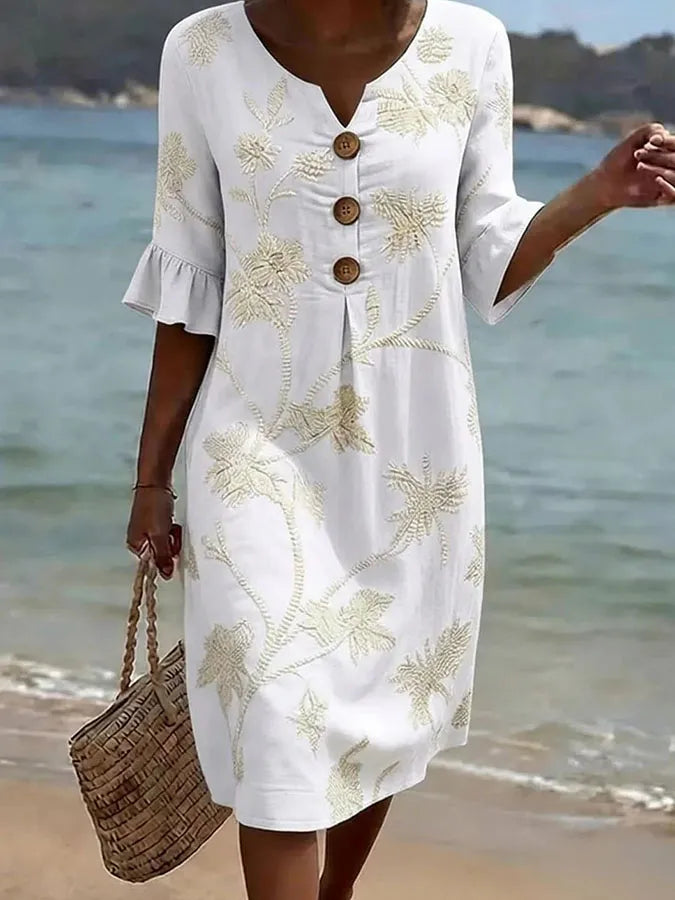 White Notch Neck Button Placket Floral Embroidered Shift Midi Dress