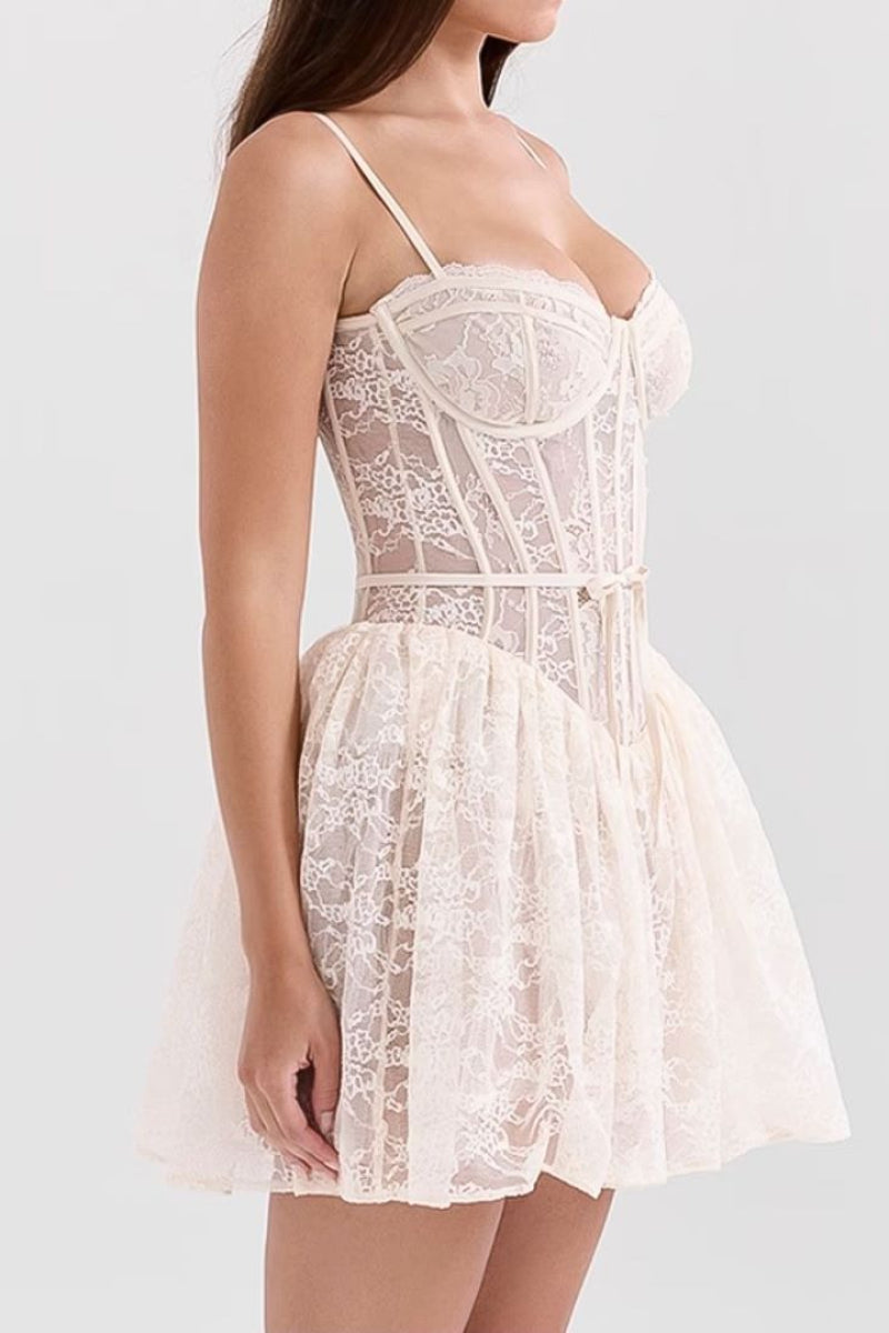 Lace Corset Bustier Sweetheart Spaghetti Strap Tiered Ruffle Mini Dress 5