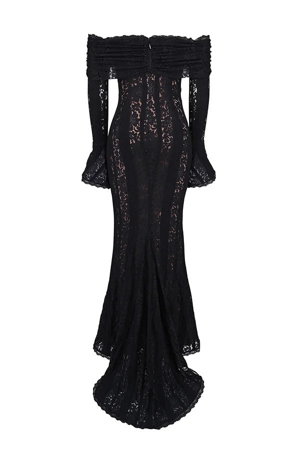 Leila Elevated Off Shoulder Floral Lace Flared Sleeve Fishtail Maxi Dress White Occasion Wear