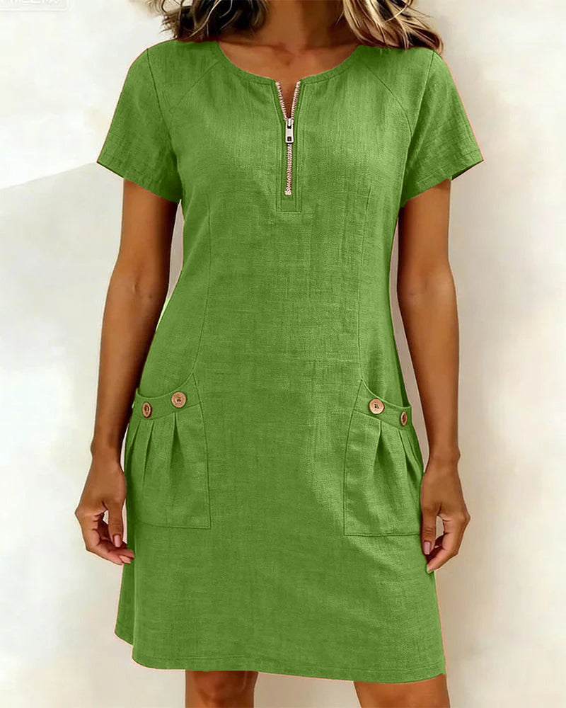 Round Neck Zip Front Short Sleeve Pocket Shift Mini Dress 13