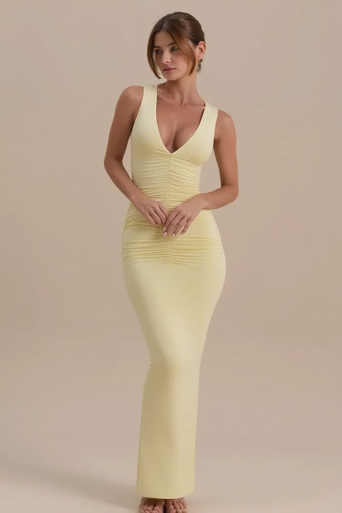 Sleeveless V Neck Ruched Back Slit Bodycon Party Dress