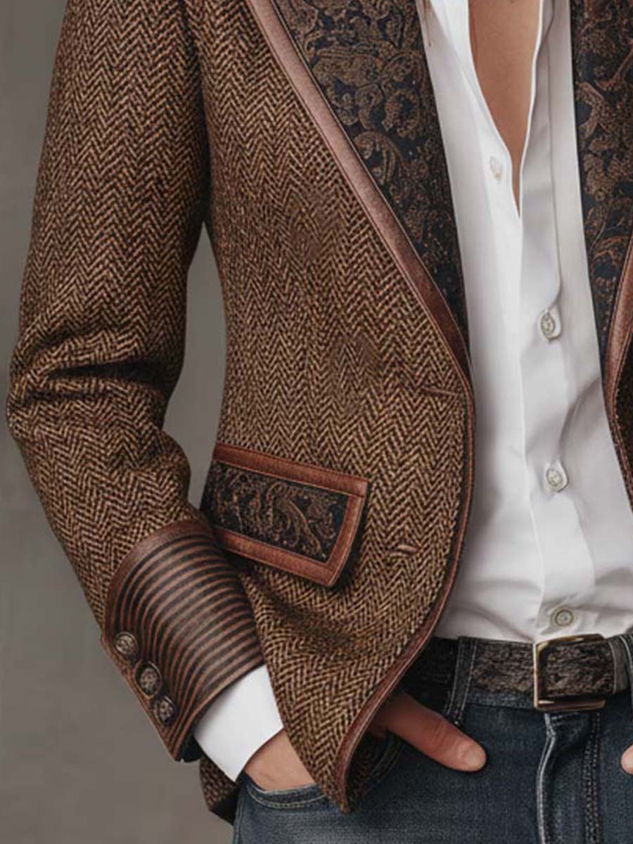 Brown Peak Lapel Herringbone Tweed Paisley Panel Leather Trim Blazer 6