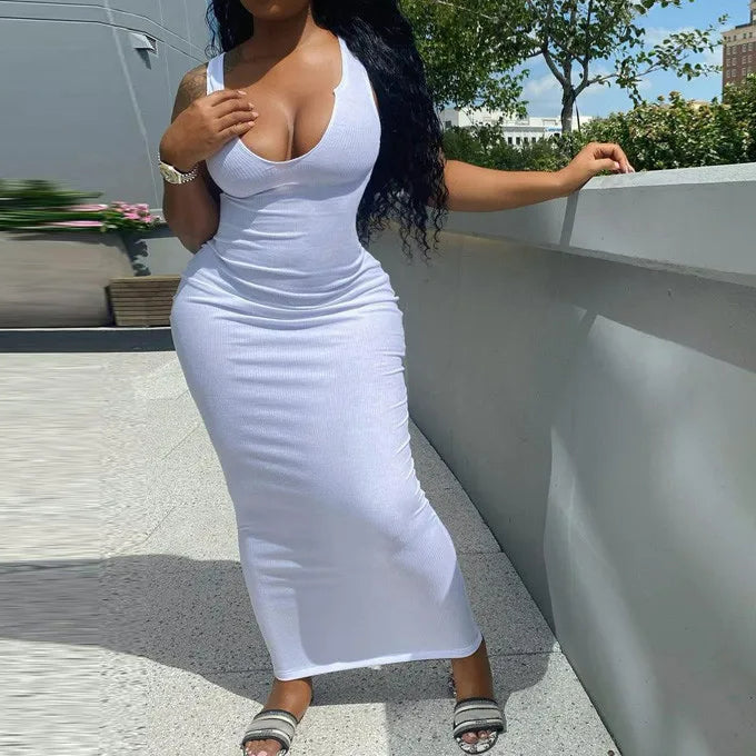 Ribbed Stripe Sleeveless Vneck Midi Dress