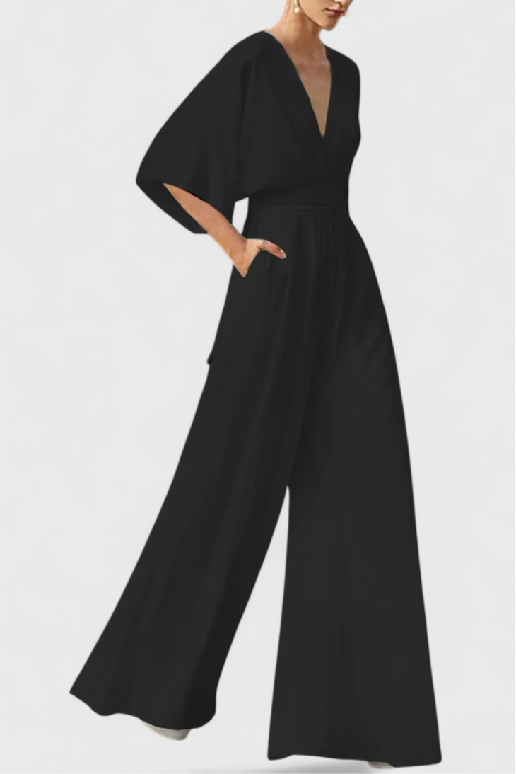 Deep V-Neck Cape Sleeve Wide Leg Jumpsuit 2