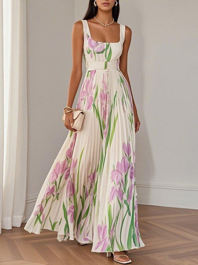 Square Neck Floral Print Sleeveless Pleated A-Line Maxi Dress