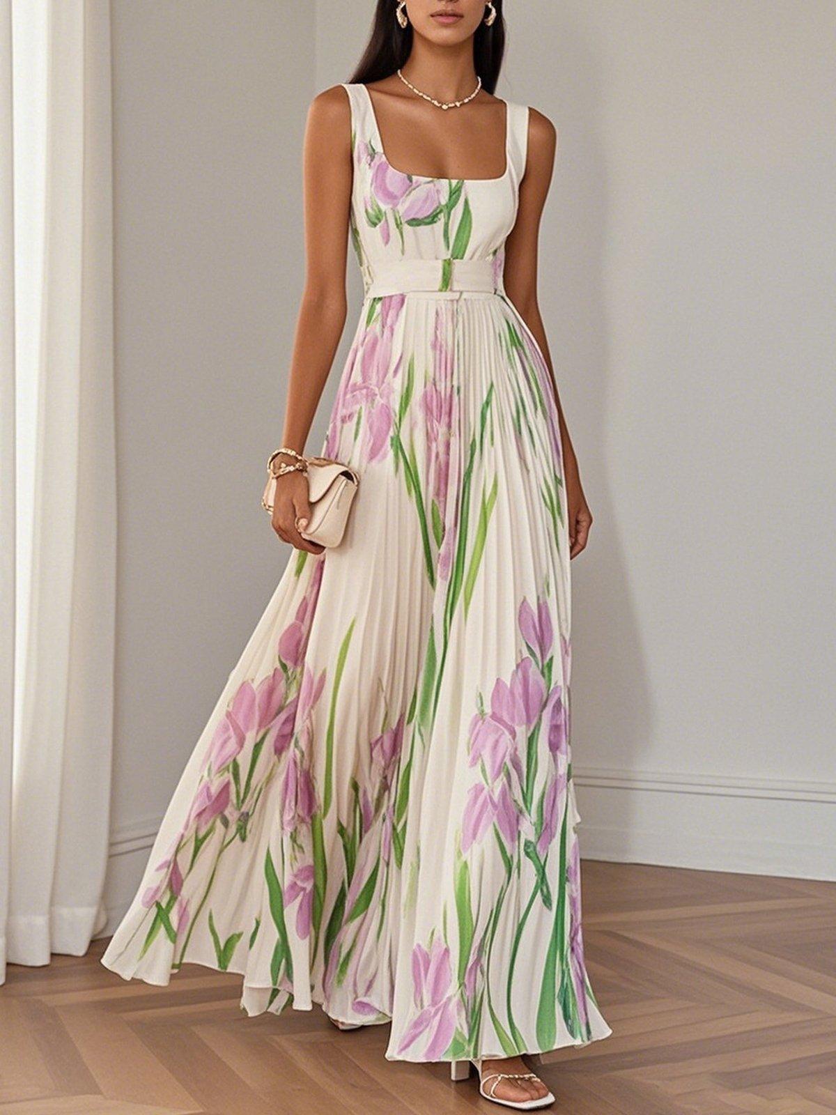 Square Neck Floral Print Sleeveless Pleated A-Line Maxi Dress
