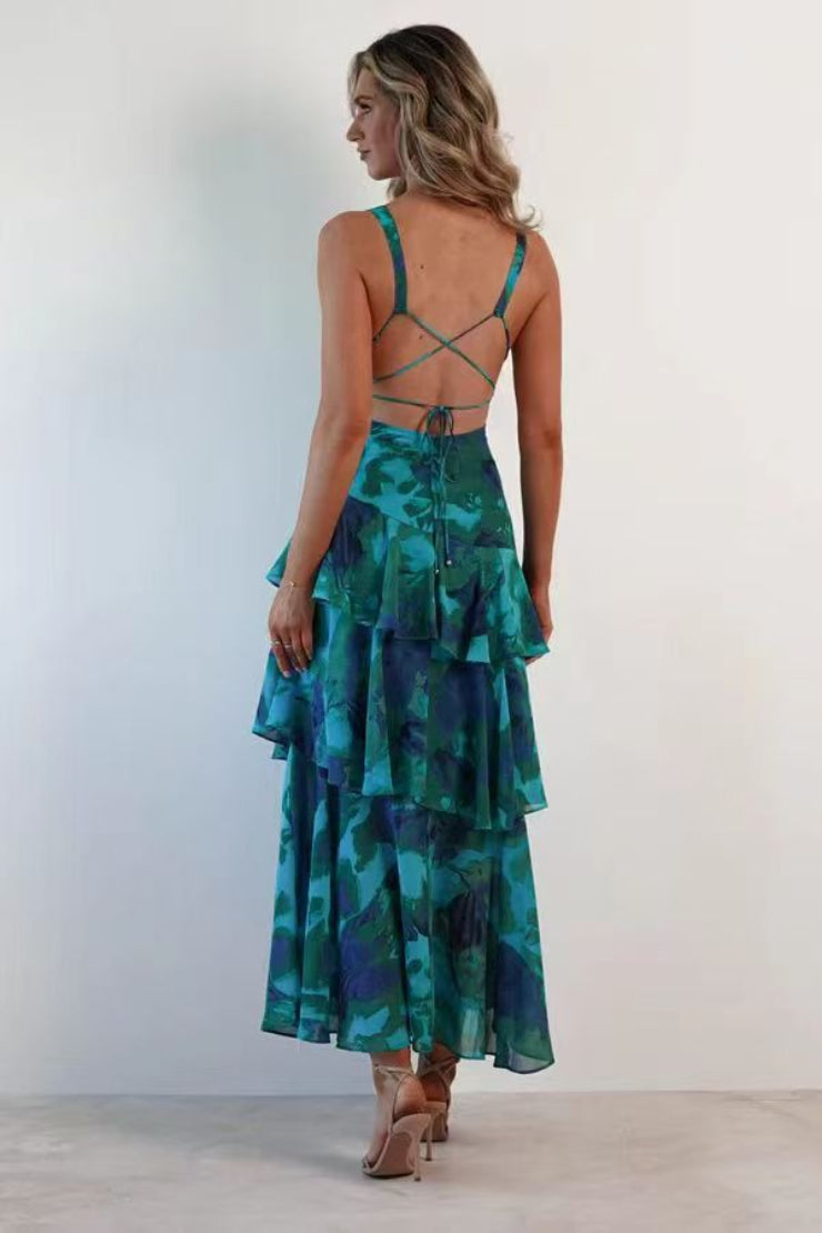 Deep V Neck Tiered Ruffle Watercolor Floral Print Maxi Dress 2