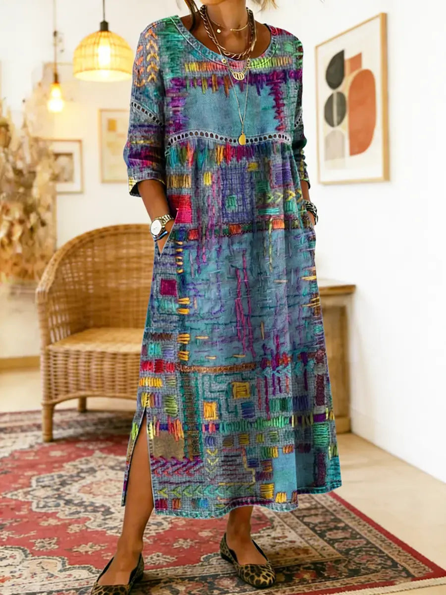 Round Neck Abstract Patchwork Print Long Sleeve Side Slit Maxi Dress