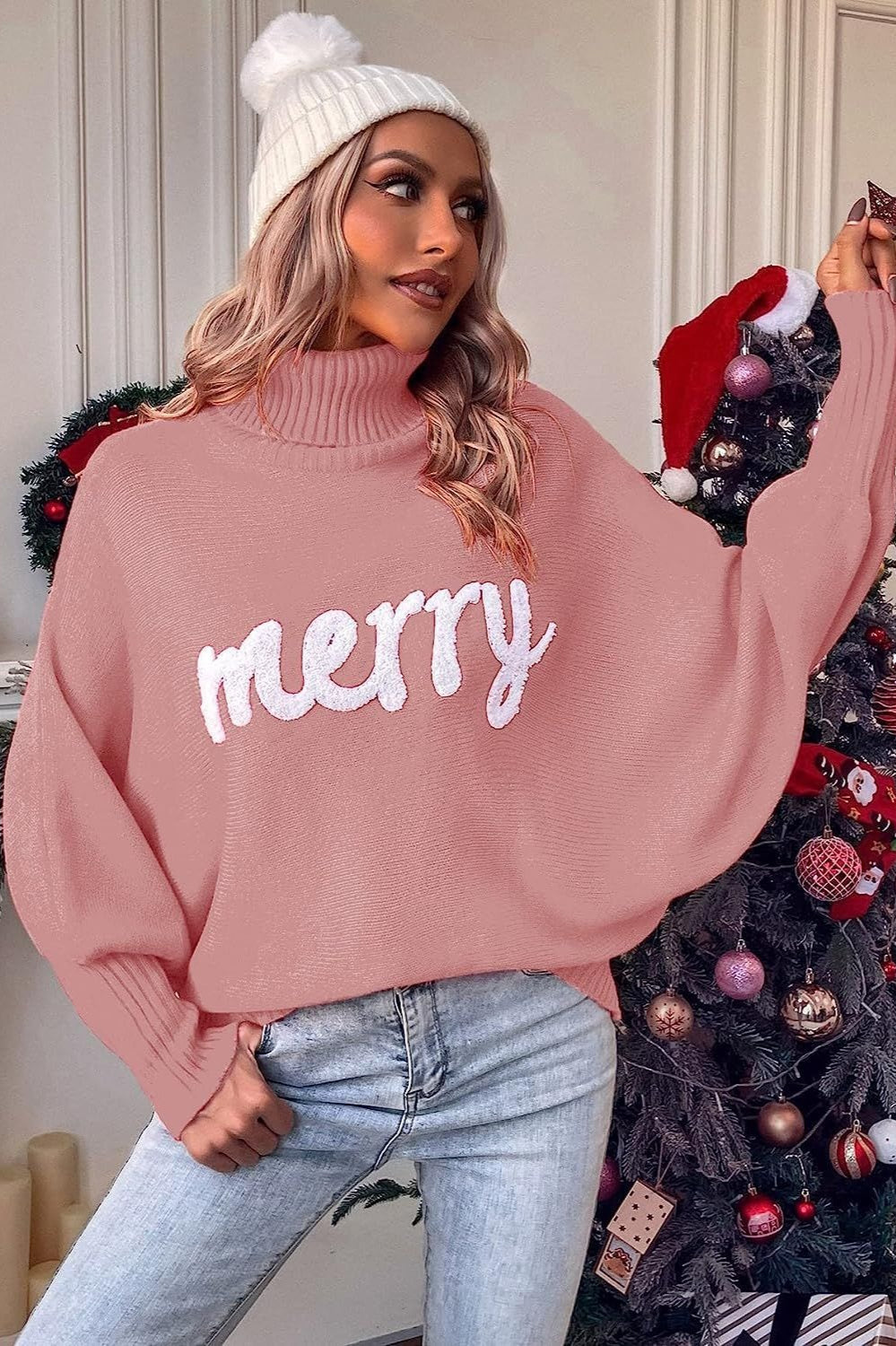 Festive High Neck Loose Batwing Knit Sweater