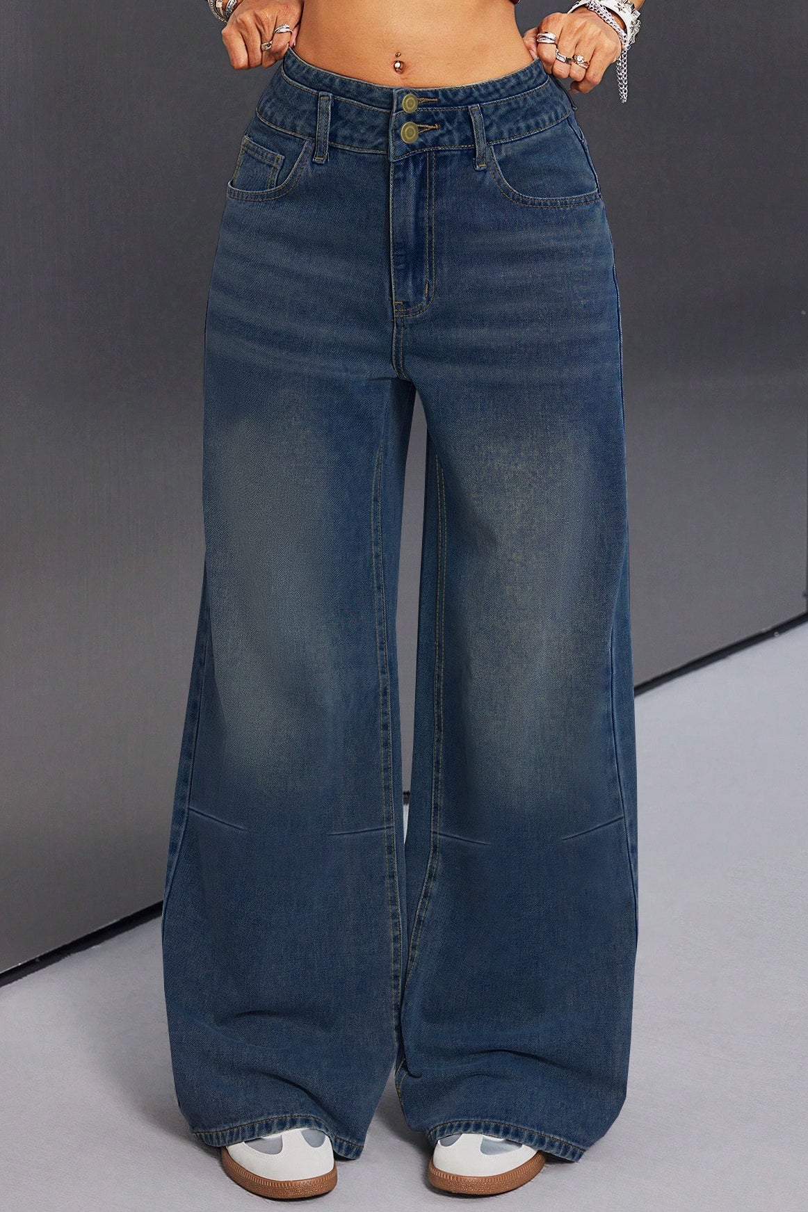 Button Front Vintage Wide Jeans
