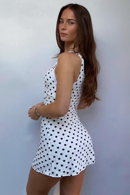 Polka Dot Waist Cinch A Line Mini Slip Dress